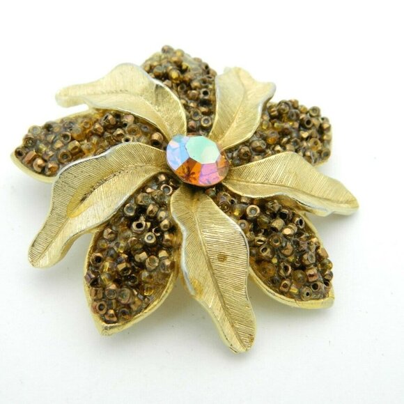 Topaz Glass Bead Rhinestone Large Gold Tone Flower - Picture 2 of 4